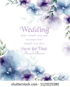 Wedding card with watercolor blue flowers Vector illustrations