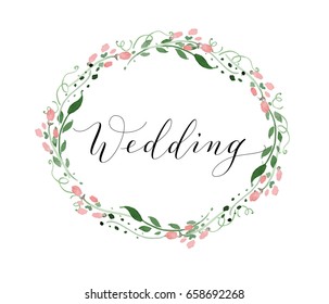 Wedding card with watercolor flower wreath, invitation template. Hand written custom calligraphy isolated on white. Can also be used for photo overlays. 