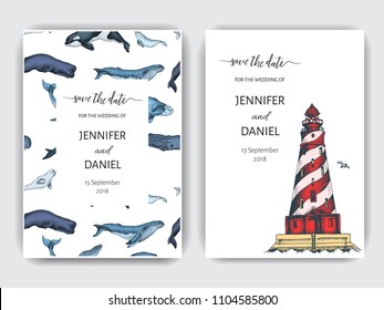 Wedding Card with whale. Colorful vector illustration with wildlif animals. Save the date invitation.
