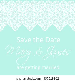 Wedding card with white lace border on a turquoise background