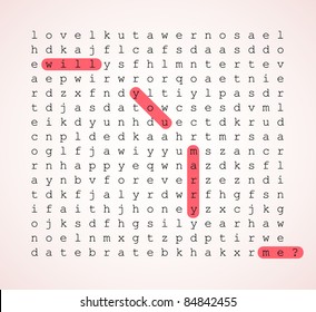 Wedding card - word search puzzle with highlighted question - will you merry me?