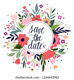 Wedding card/invitation with floral design and hand lettering