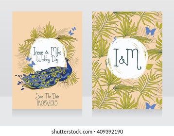 Wedding cards with beautiful peacock, butterflies and palm leaves, vector illustration