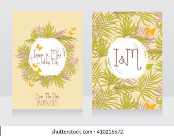 Wedding cards with butterflies and palm leaves,banners for tropical style party, vector illustration