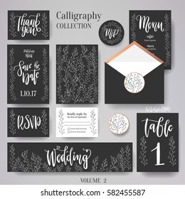 Wedding cards collection. Set include wedding invitation template, cards, banner and envelope, and other design elements.