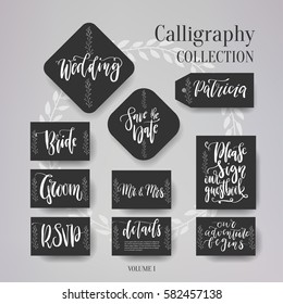 Wedding cards collection. Set include - wedding Save the Date card, RSVP card and other badges and design elements.