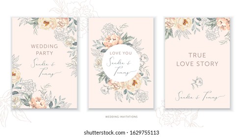 Wedding cards design. Blush peony, rose flowers, outline leaves bouquets, frames. Vector illustration. Romantic floral arrangements. Invitation template background