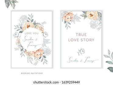 Wedding cards design. Blush peony, rose flowers, outline leaves bouquets, frames. Vector illustration. Romantic floral arrangements. Invitation template, white background