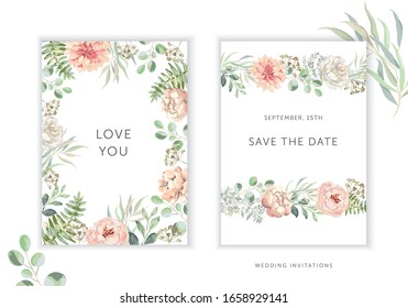 Wedding cards design. Blush pink peony, rose, dahlia flowers, green leaves, frames. Vector illustration. Romantic floral arrangements. Invitation template background