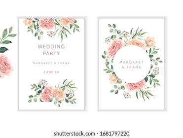 Wedding cards design. Blush pink rose flowers, green leaves bouquets, round frame, white background. Vector illustration. Romantic floral arrangements. Invitation template 