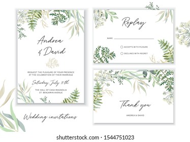 Wedding cards design. Forest green leaves, fern, white background. Vector illustration. Floral arrangements. Invitation template. Summer greenery