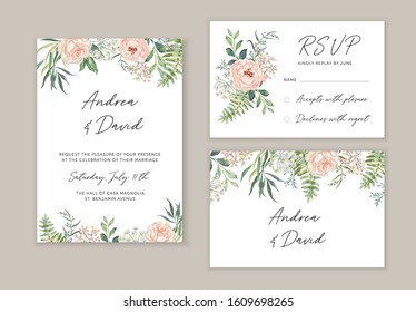 Wedding cards design. Pink rose, peony flowers, green leaves bouquets. Vector illustration. Floral arrangements. Invitation template background