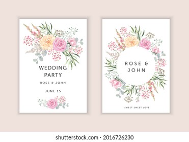 Wedding cards design. Pink rose flowers, green leaves bouquets, round frame, white background. Vector illustration. Romantic floral arrangements. Invitation template 