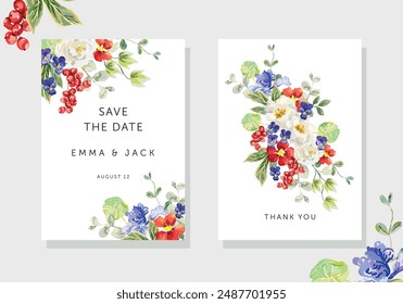 Wedding cards design. Red currant berries, roses, nasturtium flowers, pansies, green leaves, white background. Vector illustration. Romantic floral arrangements. Invitation template. Summer garden 