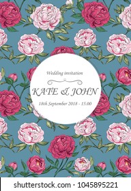 Wedding cards floral design. Invitation, menu, table number, thank you. White garden rose peony flower, pink peony, small leaves around, light colors, bouquet of greenery.vector illustration
