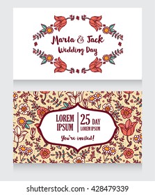 wedding cards with folkloric flowers, boho style, vector illustration