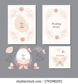 wedding cards in gentle colors for lovers with sprigs of berries, roses and leaves on a gray background