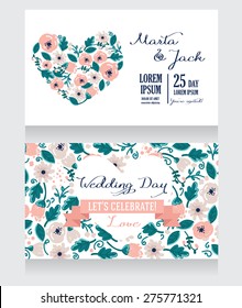 wedding cards with heart formed flowers, boho style, vector illustration