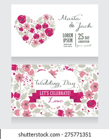 wedding cards with heart formed flowers, boho style, vector illustration