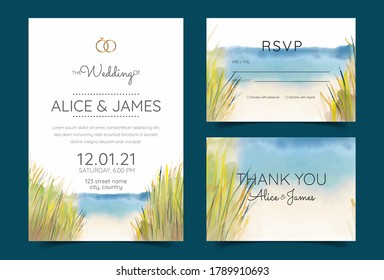 wedding cards, invitation. Save the date sea style design. Romantic beach wedding summer background