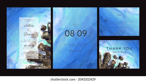Hochzeitskarten, Einladung. Speichern Sie das Datum des Designs im Stil des Meeres. Romantischer Strand Hochzeit Sommerhintergrund