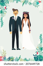 Wedding cards, Invitation, save the date template. Modern people, wedding couple character. Bride and groom vector illustration. Invitation with leaf flower frame