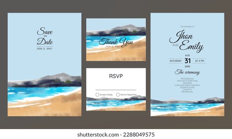 Hochzeitskarten, Einladung. Speichern Sie das Datum des Designs im Stil des Meeres. Romantischer Strand Hochzeit Sommerhintergrund