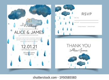wedding cards, invitations. Save the watercolor rain style design.