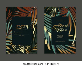 Wedding cards with luxury gold palm leaves and text. Modern invitation design background for wedding, invitation, web, banner, card, pattern, wallpaper vector illustration