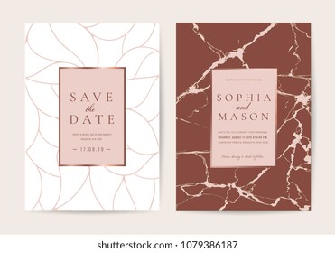 Wedding cards with marble background cover and earth tone geometric shape vector