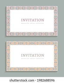 Wedding cards with ornamental border patterns. Vector rectangle frames. Elegant decoration for invitation card or certificate design. 