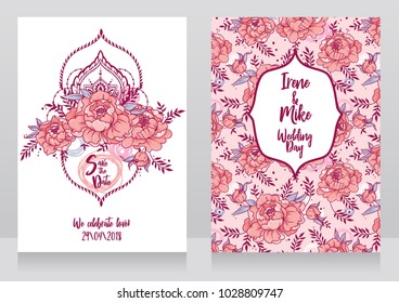 Wedding cards with peonies and menhdi style decorative frame, romantic palette, beautiful vector illustation 