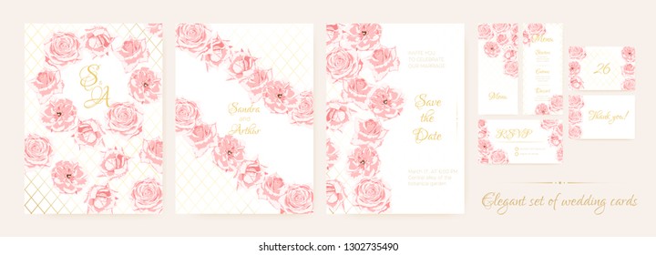 Wedding Cards, Pink Roses in Vintage Style. Flowers Marriage Background, Elegant Floral Border, Roses Bouquet. Vector Wedding Invitation Templates Watercolor Set. Decorative Luxury Roses Wreath.