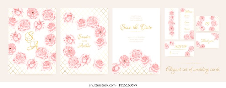 Wedding Cards, Pink Roses in Vintage Style. Flowers Marriage Background, Elegant Floral Border, Roses Bouquet. Vector Wedding Invitation Templates Watercolor Set. Decorative Luxury Roses Wreath.