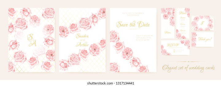 Wedding Cards, Pink Roses in Vintage Style. Flowers Marriage Background, Elegant Floral Border, Roses Bouquet. Vector Wedding Invitation Templates Watercolor Set. Decorative Luxury Roses Wreath.