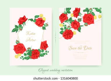 Wedding Cards with Red Roses and Green Leaves. Elegant Invitation, Flowers Wreath with Botanical Elements, Wedding Bouquet. Floral Frame or Border for Marriage Celebration. Engagement, Wedding Invite.