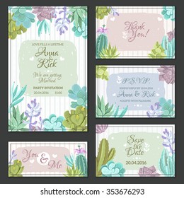 Wedding cards set with a cactus design flat isolated vector illustration 