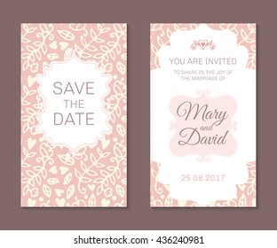 Wedding cards set. Romantic vector posters template. Vintage illustration.