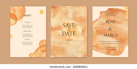 Wedding cards set, Save the Date luxury design. Watercolor bronze and terracotta, beige texture card, poster, background. 