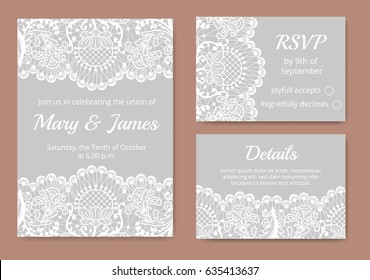 Wedding cards set with white lace border on gray background