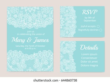 Wedding cards set with white lace border on turquoise background