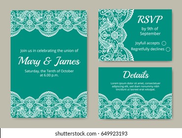 Wedding cards set with white lace border on green background
