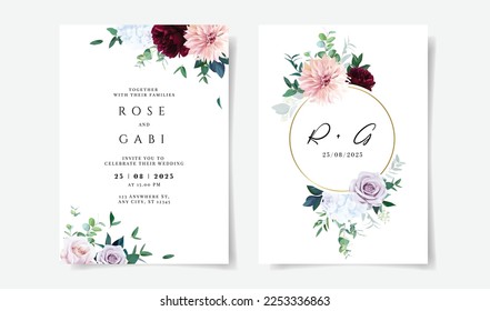 Wedding cards with spring flowers. Peony, dahlia, rose, hydrangea, eucalyptus, greenery. Floral vector design frame. All elements are isolated and editable