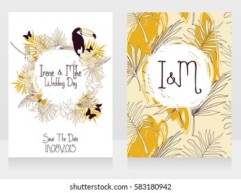 Wedding cards with tropical birds, butterflies and palm leaves, vector illustration