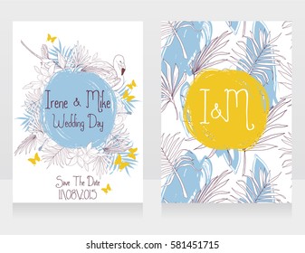 Wedding cards with tropical birds and flowers, hawaii style party, blue and yellow colors, vector illustration