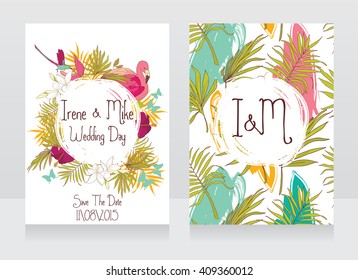 Wedding cards with tropical birds and flowers,hawaii style party,  vector illustration