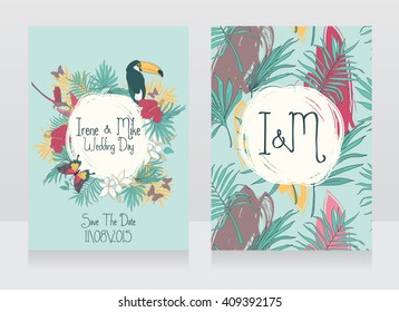 Wedding cards with tropical birds and flowers,hawaii style party,  vector illustration