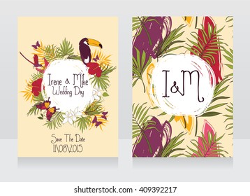 Wedding cards with tropical birds and flowers,hawaii style party,  vector illustration