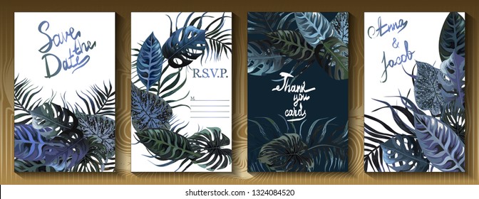 Wedding cards from tropical leaves. Thank you card. Save the date.