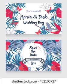 wedding cards in tropical style with colibri, butterflies and palm leaves, vector illustration